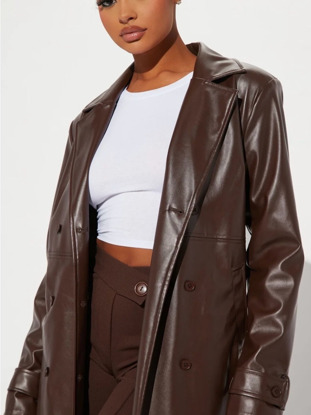 Fashion Nova Brown Faux Leather Double-Breasted Long Trench - Picture 2 of 8